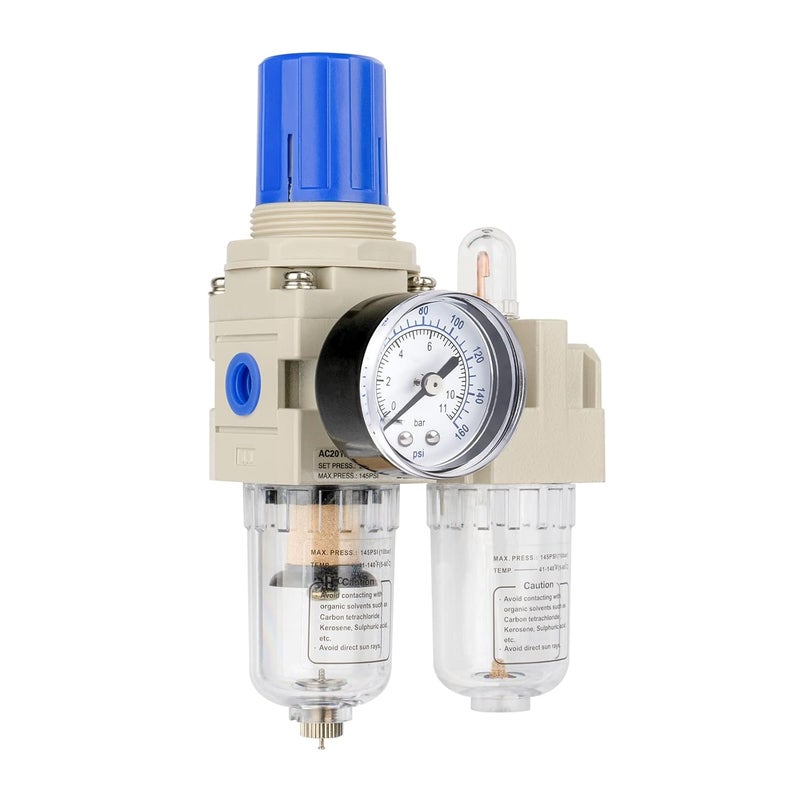 BLCH 1/4" NPT Air Compressor Water Separator - Air Pressure Regulator Compressed Air Filter Regulator Lubricator Combo AC2010-02 Manual Drain Poly Bowl Gauge 0-160 PSI 5μm Brass - Image 1